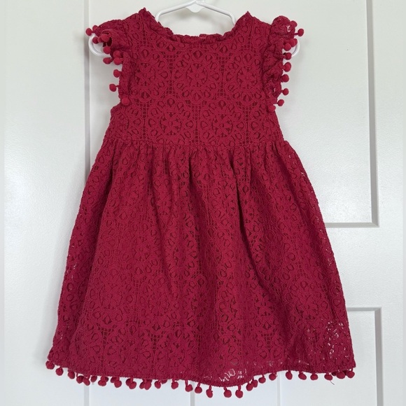 Other - Deep Red Lace Dress with Pom Trim – Toddler 120 (Approx. 4–5T)